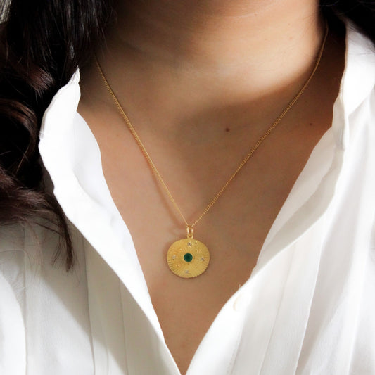 Green Onyx Necklace, Green Onyx Coin Necklace, Celestial Necklace, Talisman Necklace, Summer Jewellery, Wolf & Badger Necklace