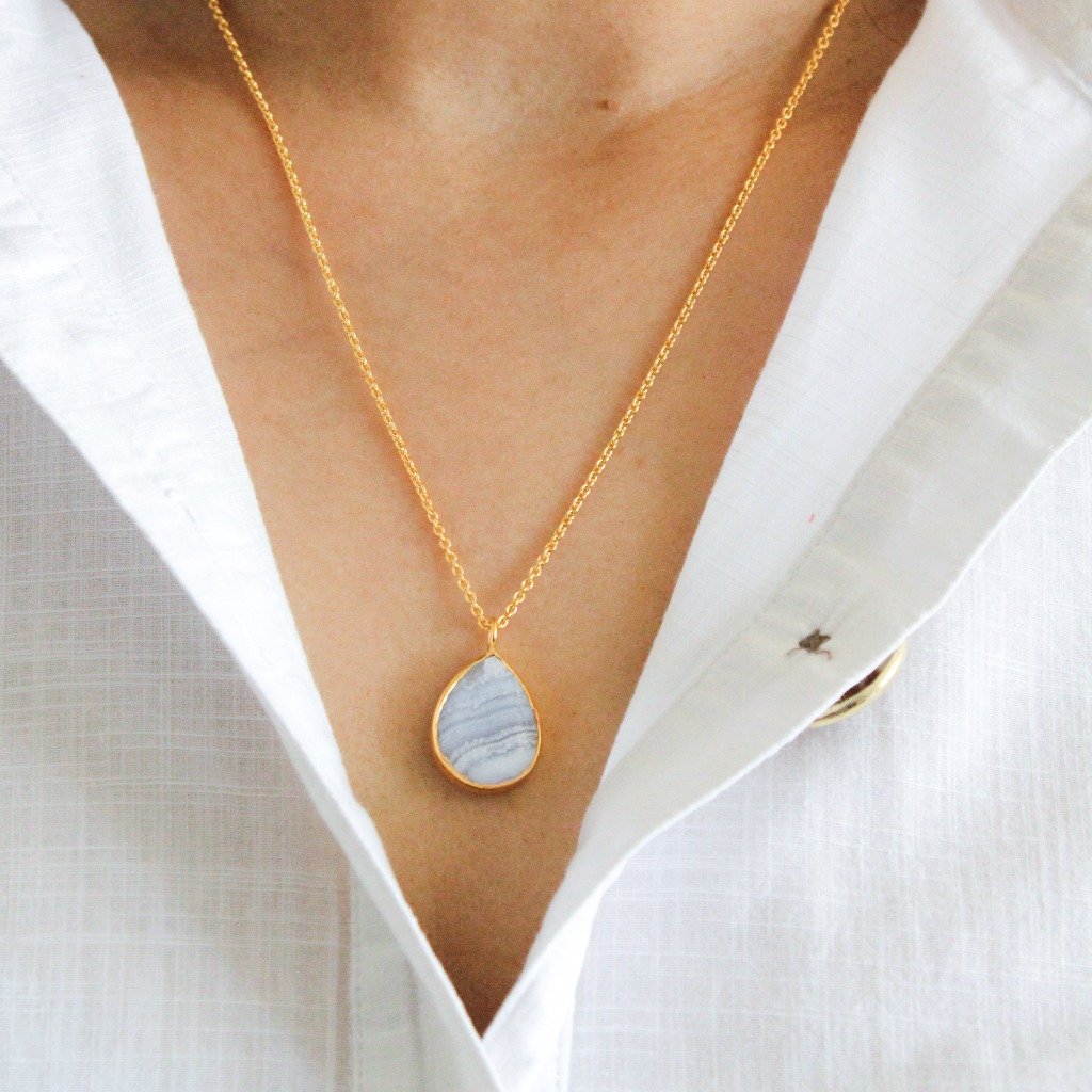 blue banded agate, Blue lace Agate jewellery, Blue lace necklace, blue stone necklace. lace agate necklace, brings positivity, abundance, gold vermeil