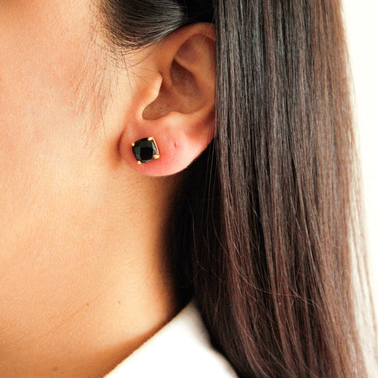 14k Gold Vermeil Black Onyx Square Studs, black stone earrings, black onyx earrings