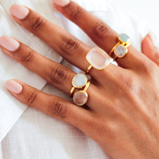 Semi-Precious stone jewellery, rings, womens jewellery, affordable jewellery, sustainable jewellery, gold vermeil jewellery, gold vermeil rings