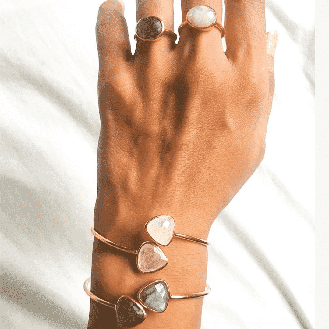 moonstone jewellery, labradorite bracelet, Moonstone Jewellery, moonstone bracelet, moonstone cuff, moonstone jewellery, ethical jewellery, sustainable jewellery, slow fashion, somya london, summer jewellery