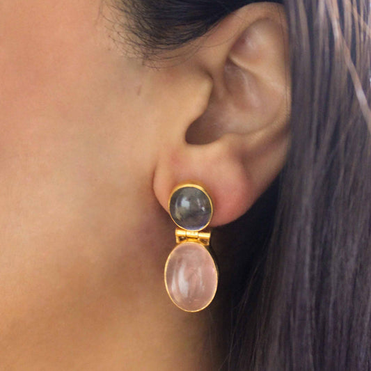 Larisa Rose Quartz Earrings - SOMYA LONDON, rose quartz jewellery, labradorite jewellery, gift ideas for her, women's earrings, statement earrings
