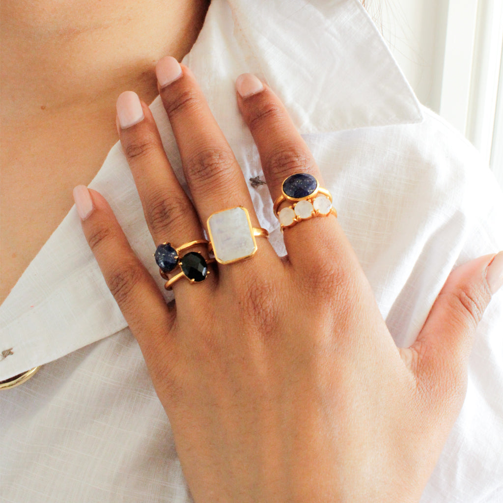 Gold Moonstone and Lapis Rings