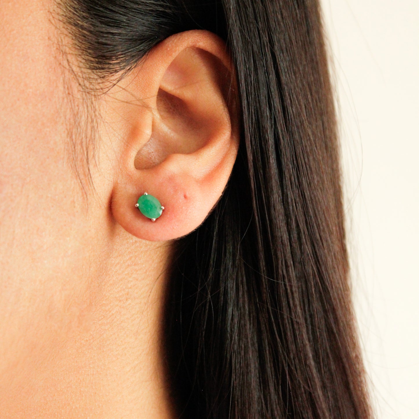 Oval Emerald Silver Studs, earrings, attract love and abundance